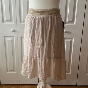 JM Collection Neutral Tiered Midi Skirt with Braided gold accent Waistband XL